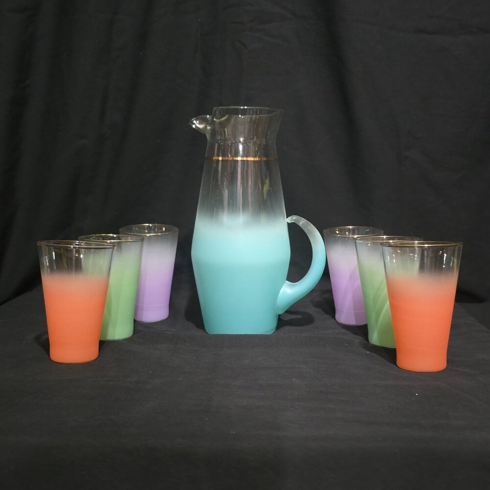 Vtg Blendo West Virginia Glass Specialty Pitcher Turquoise w 6x Flat Tumblers